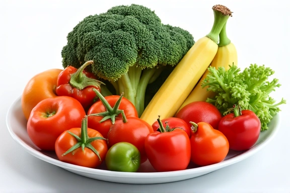 O farfurie plină de fructe și legume proaspete, colorate, simbolizând o dietă echilibrată și sănătoasă.
